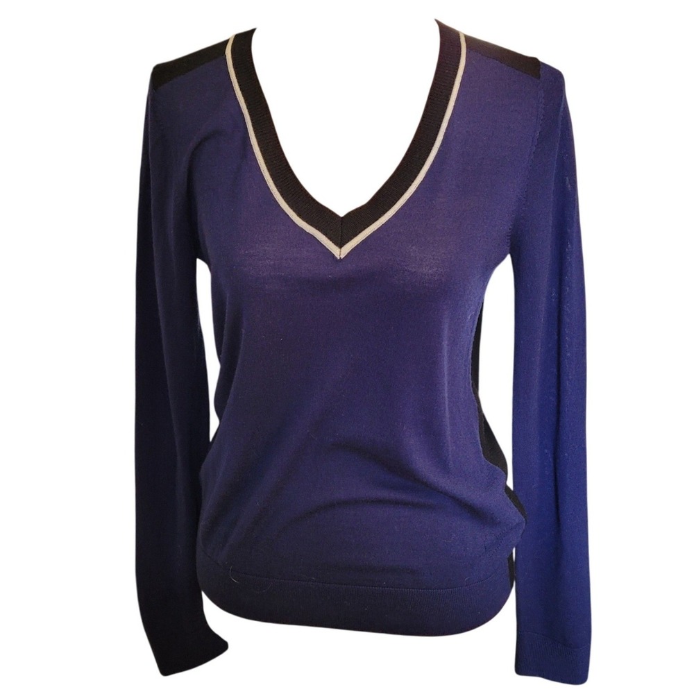 Liebeskind Berlin Sweater S Fine Knit Blue Black Silver V Neck‎ Wool Colorblock